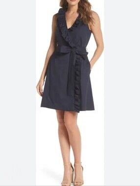 Eliza J Navy Poplin Ruffle Trim Wrap Dress